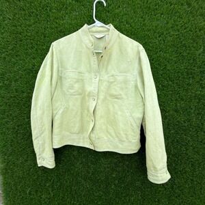 J Jill Women's Pearl Snap Linen Blend Button Up Top Lime Green Cropped Pockets M